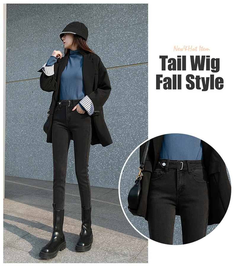 

2020 Winter women jeans plus size woman jeans high waisted skinny pencil pants lady thick stretch denim jeans black stretch pant