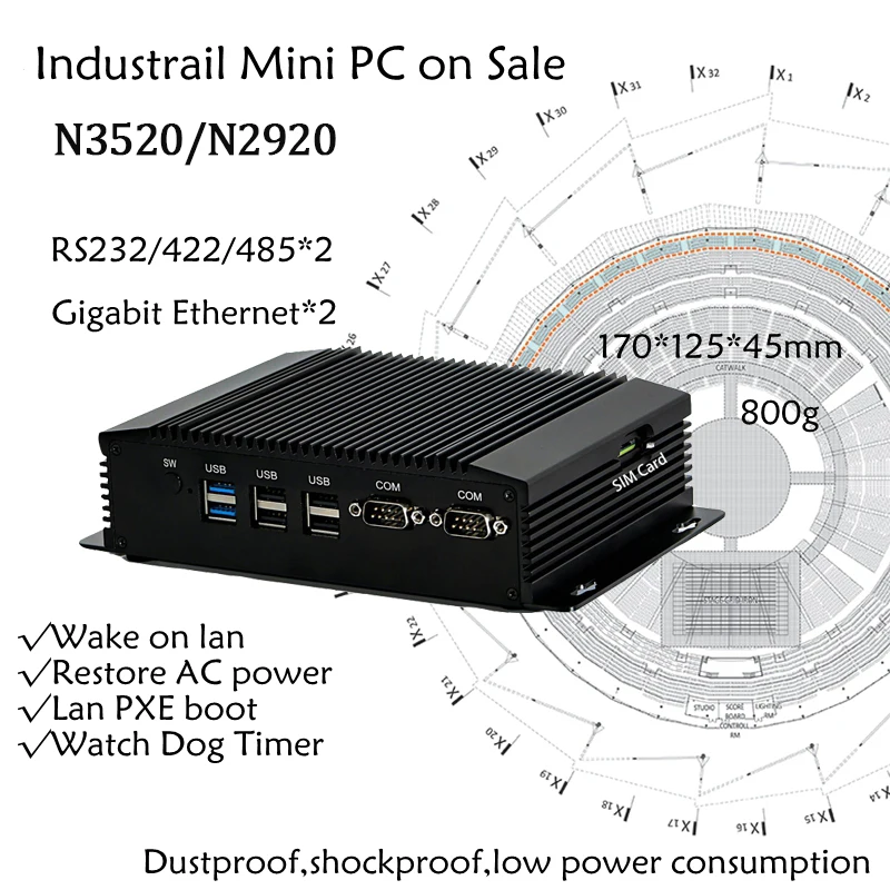 Dual COM Dual LAN Fanless Mini PC Intel Celeron N3520 RS232,422,485 COM USB WIFI industrial PC Desktop Computer