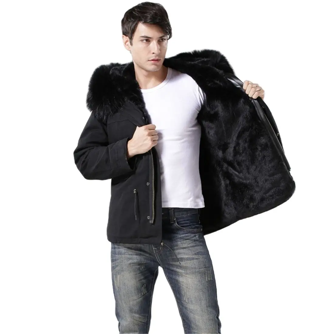 Парная Стильная черная меховая парка для жены и мужа толстая подкладка MR или MRS