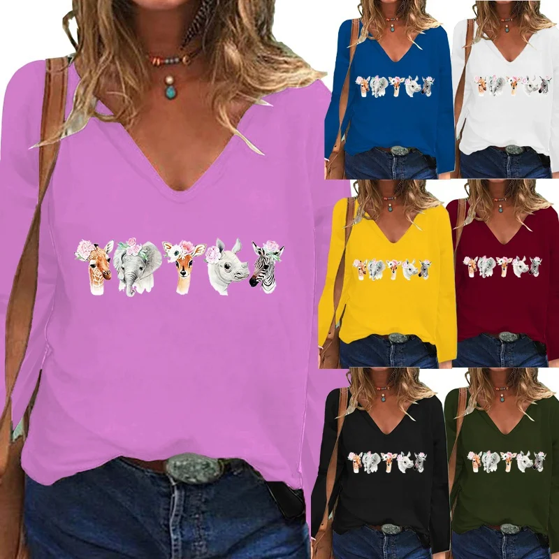 

Women Clothing Loose Shirt Casual T-shirt V-neck Long Sleeve Fashion Printing Graphic Tee Autumn and Winter Tops