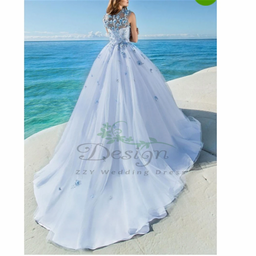 

Exquisite vestido de festa Blue Tulle Flowers Appliiques Ball Gown Wedding Dresses Brides dress
