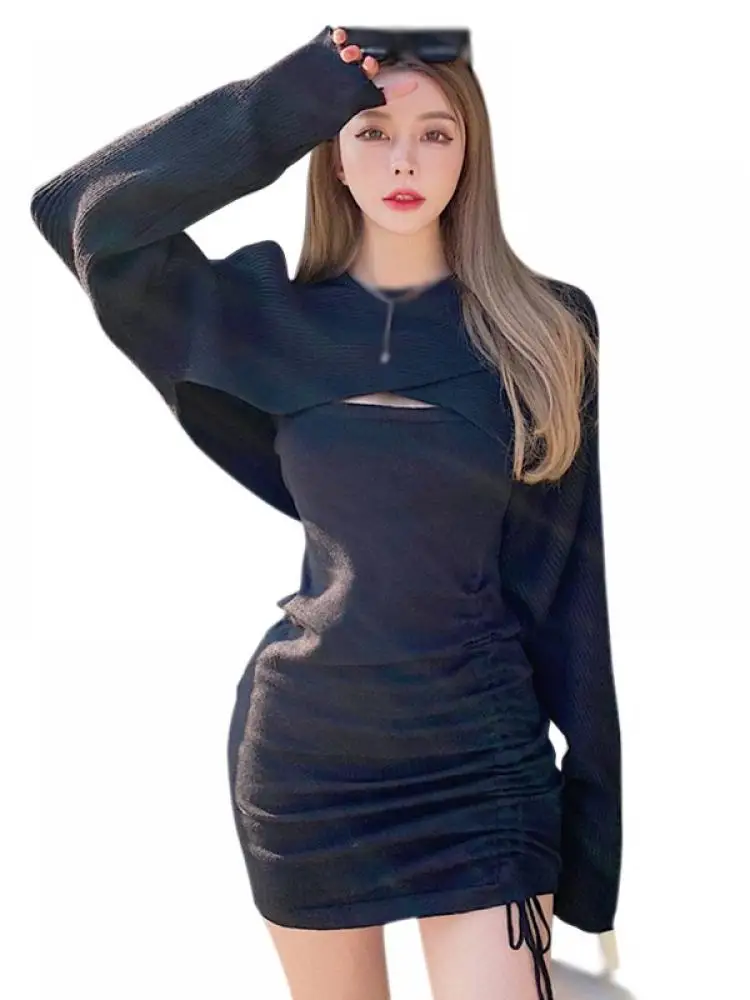 

Новинка, женское облегающее платье средней длины с длинным рукавом и шнурком, комплект из двух предметов