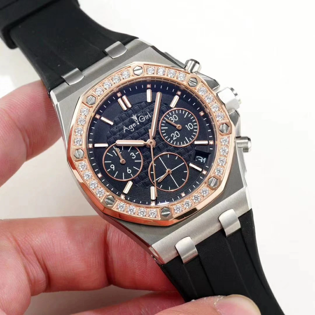 

Luxury New Women Chronograph Stopwatch Sapphire Stainless Steel Luminous Watch Rubber Silver Rose Gold Diamond Bezel