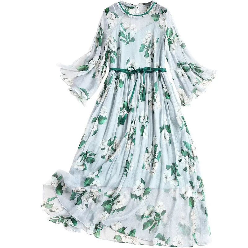 

Designer Women Spring Summer 2020 Elegant Flare Sleeve Elastic Waist Silk Dress Holiday Lady Dresses New Vestidos