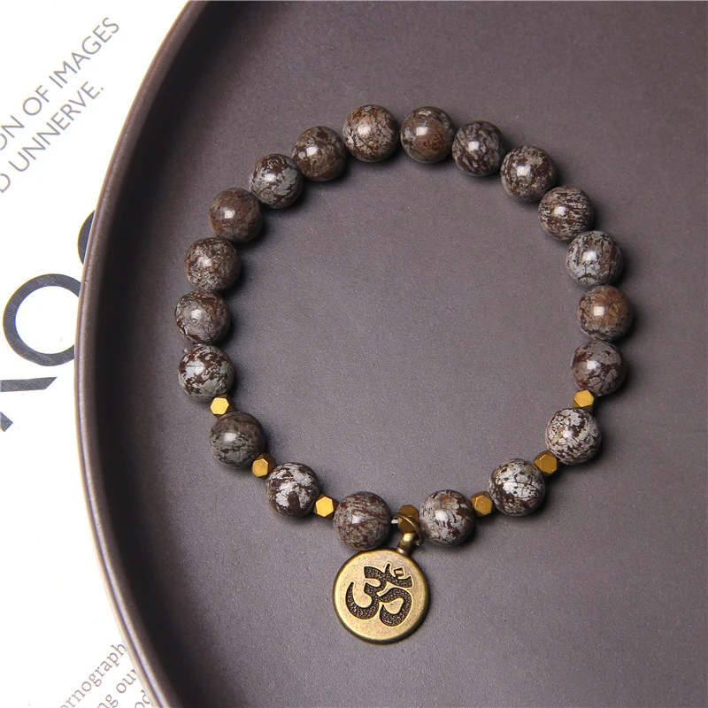 

OHM Charm Bracelets Buddhism Women Jewelry Natural Green Sea Sediment Jaspe Pulsera Men Faceted Gold Hematite Stone Beads Bangle