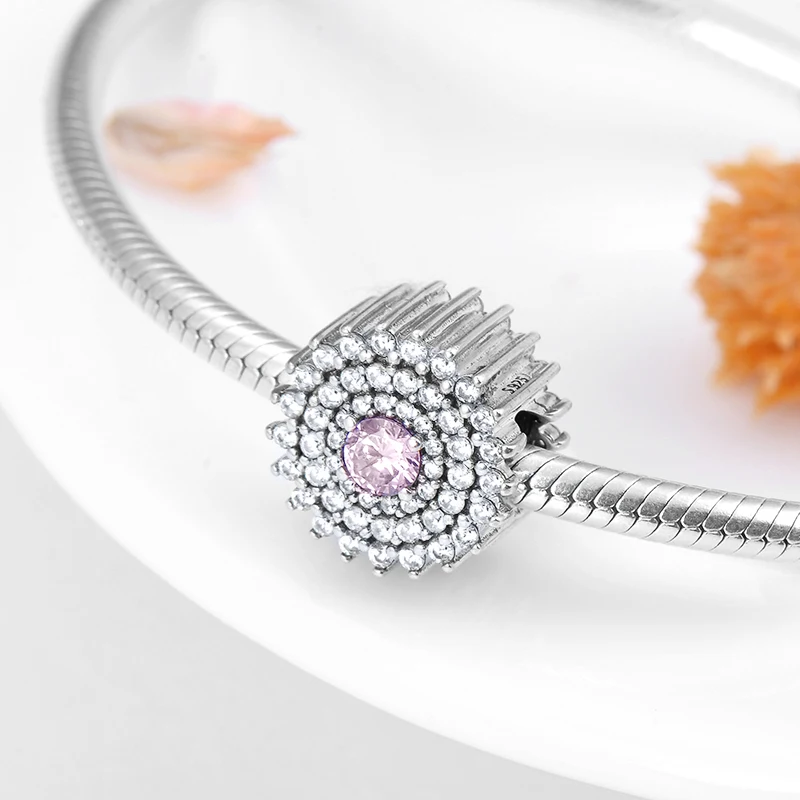 silver 925 Round shape Charming Clear and Pink Zircon flower beads Fit Original European Charm Bracelets Bangles jewelry making | Украшения