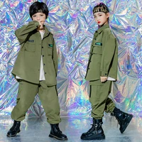 kid hip hop clothing army green oversized shirt top streetwear tactical cargo military jogger pants for girls boys dance costume