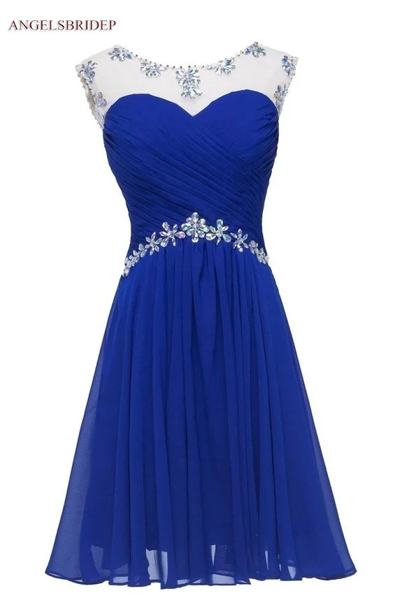 ANGELSBRIDEP Sheer Neck Short Homecoming Dresses Sparkly Crystal Waist Chiffon Junior Graduation Formal Gowns Hot Robe De Bal | Свадьбы и