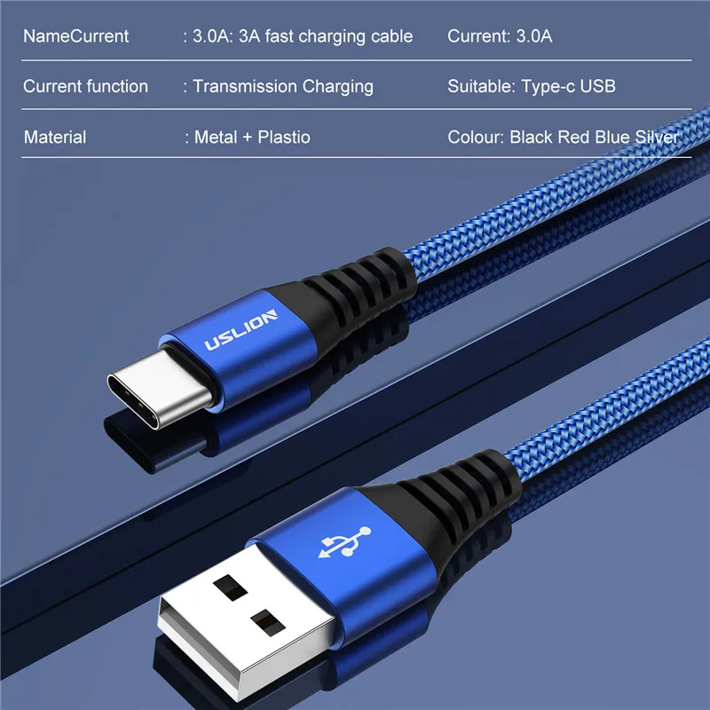 USB Type C кабель USLION 3A для xiaomi redmi k20 pro мобильный телефон быстрая зарядка устройства
