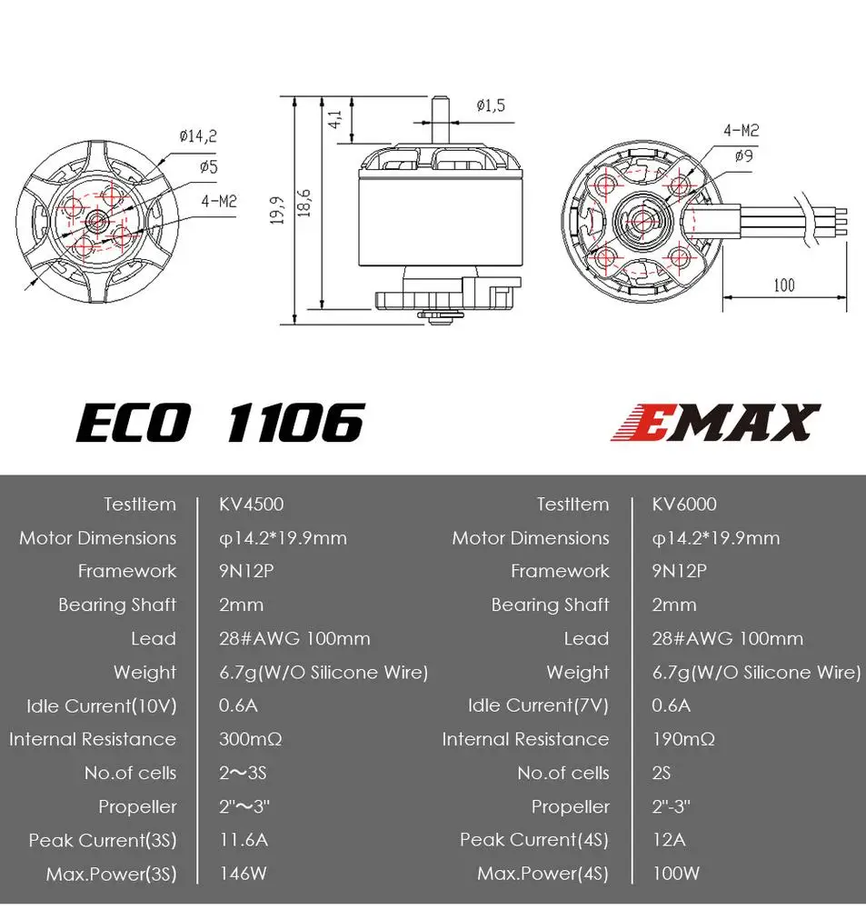 

4PCS Emax FPV RC Motor ECO1106 4500KV 6000KV Brushless Motor for FPV for Multi Axis RC Racing Drone