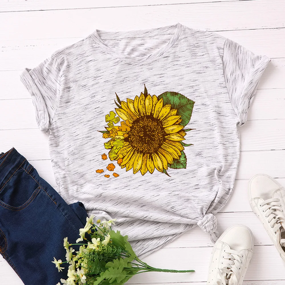 

Women Short Sleeve Cotton T-Shirts Graphic Tees Summer Tee Tops for Female Casual Oversized Clothes Big Sunflower Top Shirt