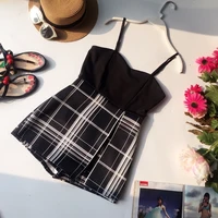 summer ladies strap plaid skinny camisole jumpsuits playsuits loose shorts skirt women casual slim beach romper overalls