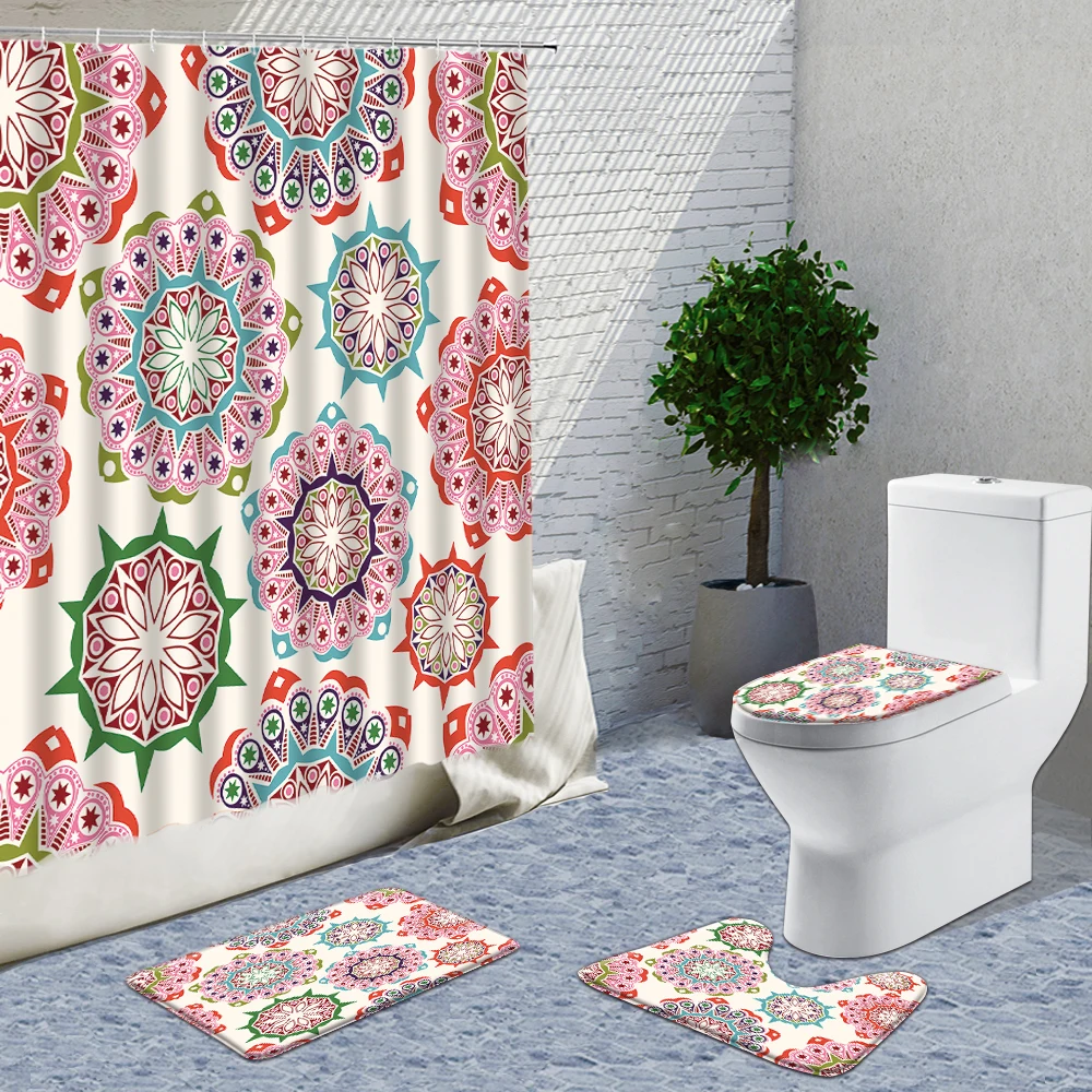 

3D Shower Curtains Set Mandala Flower Printed Bohemian Decor Flannel Bathroom Carpet Set With Stitch Rugs And Curtains Bath Mats