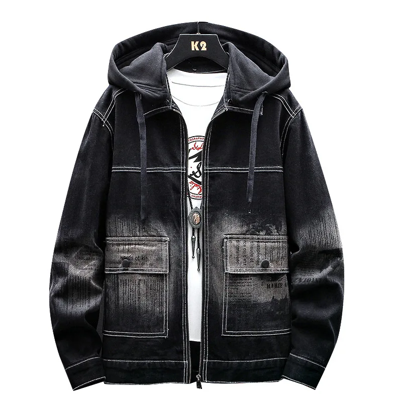 

Мужская черная джинсовая куртка, осенняя новая джинсовая куртка с капюшоном, повседневная куртка на молнии с карманами, Детская толстовка с...