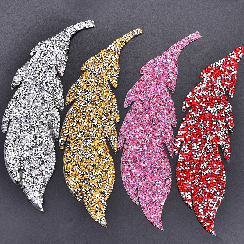 Новый дизайн вышитые нашивки стразы в форме листьев и перьев Приклеивание утюгом