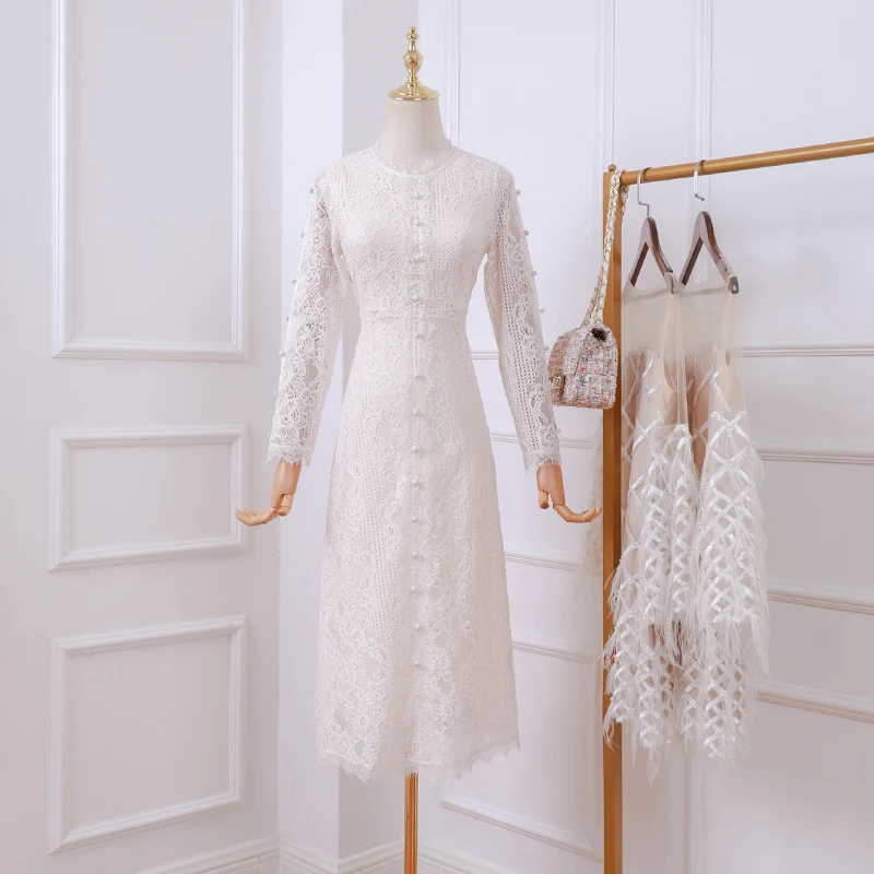 2019 новое французское Ретро Кружевное тонкое платье с длинными рукавами женское