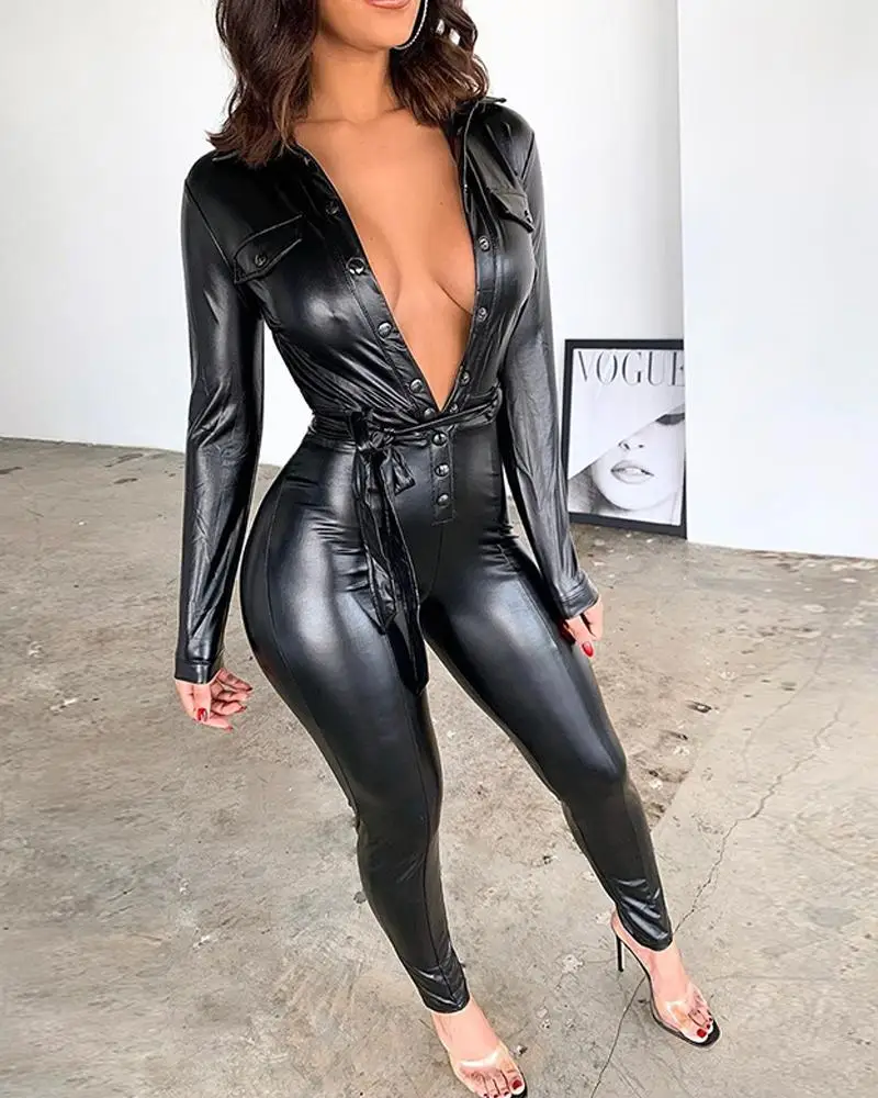 2020 Women Sexy Slim Fit Club Long Sleeve Romper Out fit PU Party Jumpsuits Deep V Faux Leather Jumpsuit