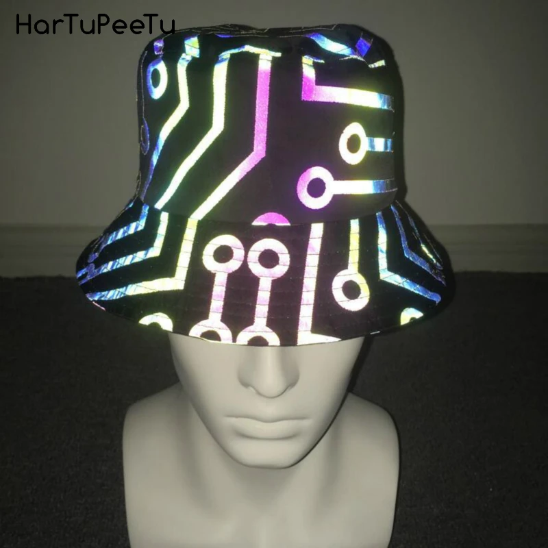 Reflective Light Bucket Hat Women Colourful Caps Unisex Hip Hop Club 2021 Summer Circuit Lines Geometric Print Sun-proof Outdoor