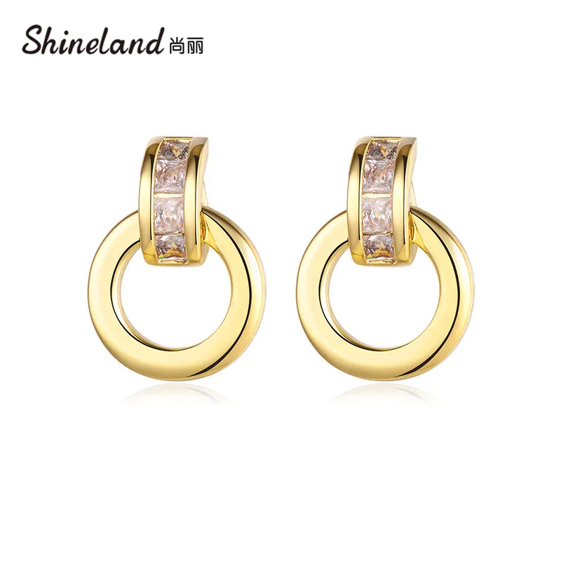 

Shineland 2021 Trendy Metal Stud Earring For Woman Vintage Hollow Circle Round Crystal Brincos Statement Jewelry Wholesale Gift