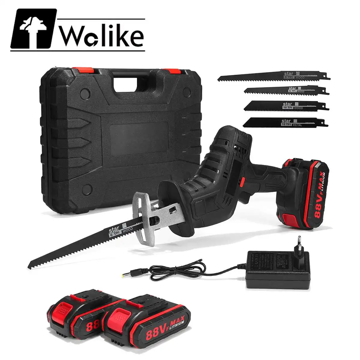 

Wolike Cordless Reciprocating Saw 88VF 4 Blades Rechargeable Electric Saw Metal Cutting Woodworking Tool Kit with Li-ion Battery