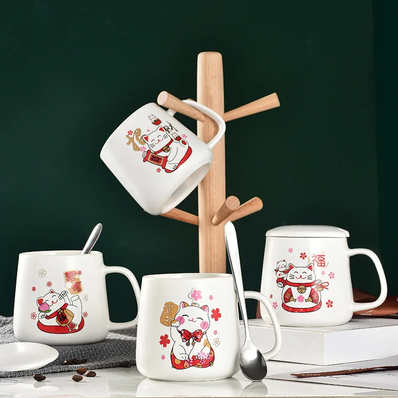 

400ml Japanese Fortune Cat Ceramic Mug Cartoon White Simple Coffee Cup with Lid Spoon Lovely Gift for Friends