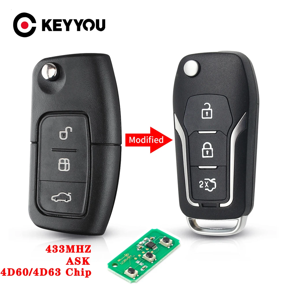 KEYYOU-مفتاح التحكم عن بعد للسيارة ، 4D60/63 433MHZ ، 3 أزرار ، لسيارة Ford Fiesta Focus 2 Ecosport Kuga Escape C Max Ka ، HU101