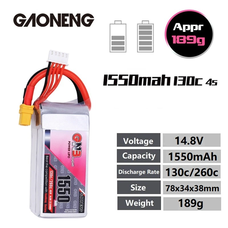 

Gaoneng GNB 4S 14,8 V 1550 мА/ч, 130C/260C HV Перезаряжаемые Батарея с T/XT60/XT90 Разъем для RC квадракоптер FPV скоростной Дрон для гонок Батарея