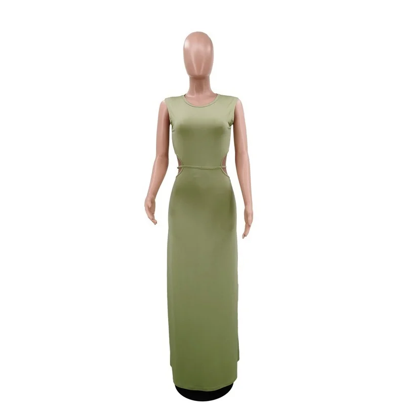 

2021 Casual Solid Sexy Club Dresses for Women Summer Knitting O-Neck Sleeveless Dress Bodycon Sexy Hollow Out Elastic Maxi Dress