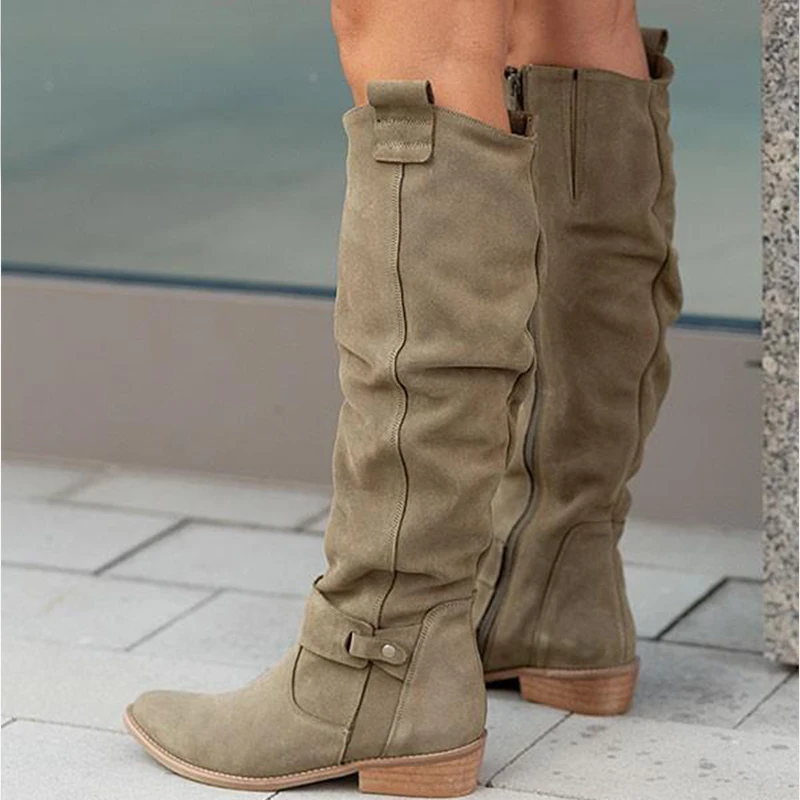 

Autumn Warm Women Boots Knee High Heel Solid Color Zipper Ladies Boot Pointed Toe Sexy Low Heel Pumps Female Shoe Botas De Mujer