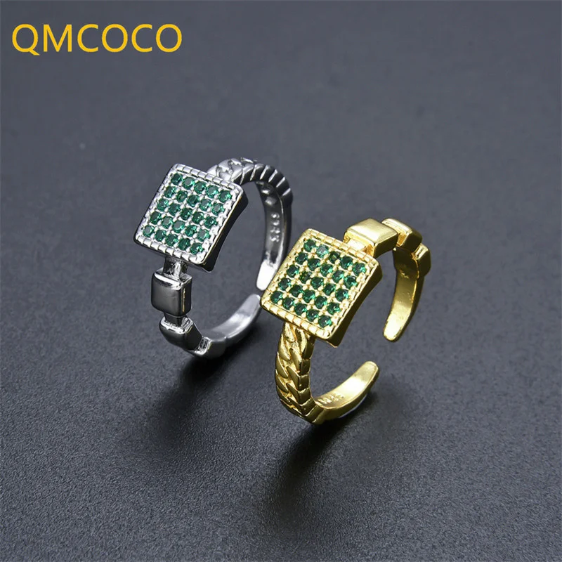

QMCOCO Vintage Green Stone Silver Color Square Rings For Women Wedding Gifts Trendy Luxury Daily Delicacy Jewelry Accessories