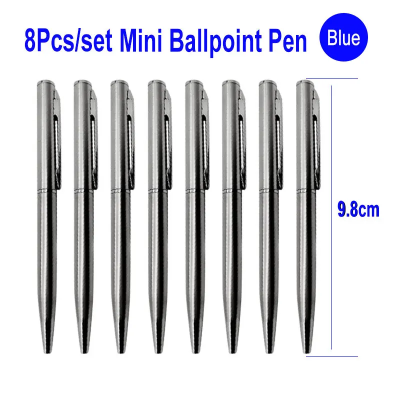 8Pcs/Set Mini Metal Clip Ballpoint Pen 0.7mm Office Signature Rotating Pocket Size Ball Point Pen Small Oil Gel Pens Blue Ink
