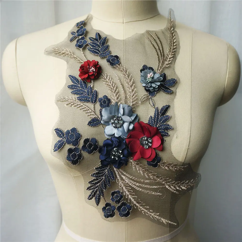 Темно синяя красная 3D Цветочная кружевная ткань со стразами вышитая Свадебная