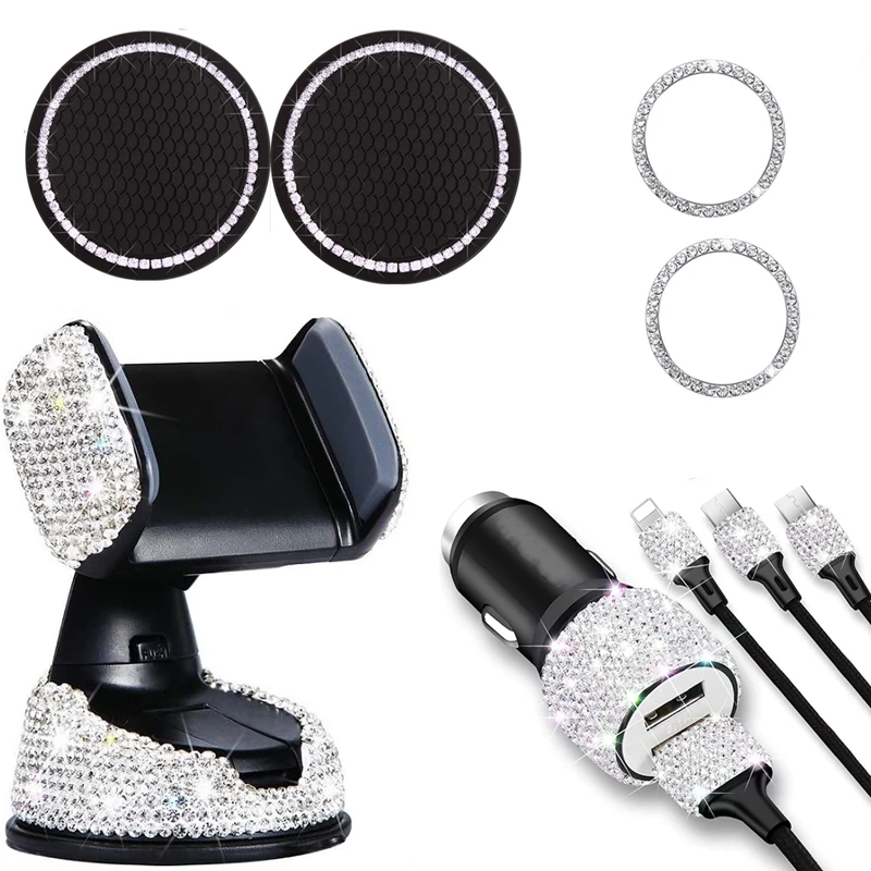 

Bling Rhinestones Car Phone Mount Holder Accessories Set Dual USB Car Charger 3 In 1 Charging Cable Auto Goods Car Styling