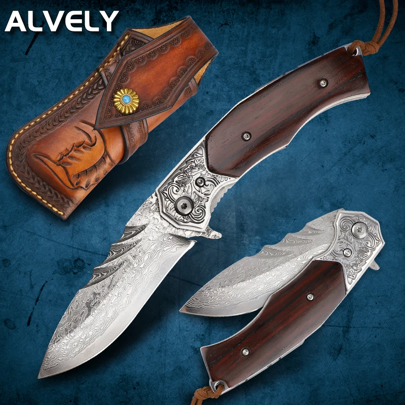 

Складной нож ALVELY для кемпинга на природе, японский карманный нож из дамасской стали с подшипником, охотничий нож для самообороны