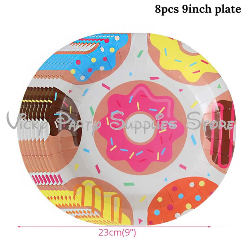 9inch plates 8pcs Пончик тема одноразовая посуда День рождения Юбилей ребенок душ конфеты барный флаг чашки пластины пончик вечерние украшения - Цвет: 9inch plates 8pcs