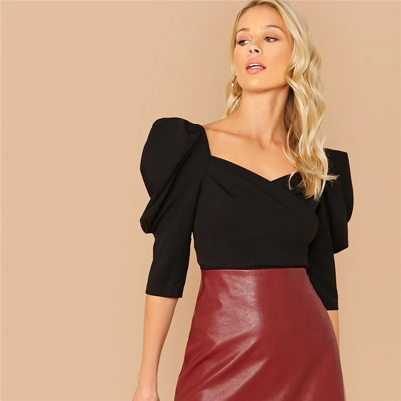 SHEIN/черная однотонная блузка с пышными рукавами и милым вырезом, Топ для женщин, весенне-осенние элегантные офисные платья, топы и блузки