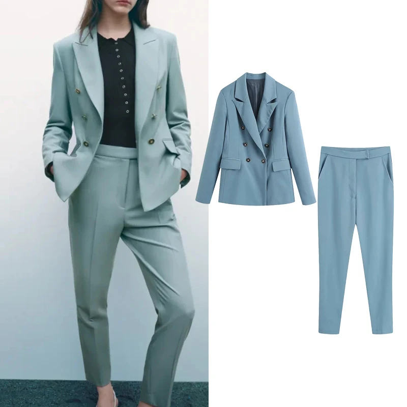

Женский Повседневный костюм-блейзер Za, синий костюм с длинным рукавом и прямыми брюками с высокой талией, винтажный офисный облегающий кост...