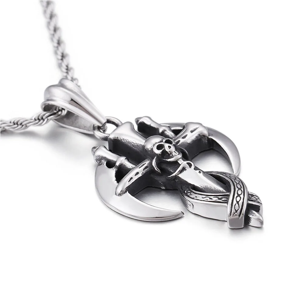 

Gothic Grim Reaper Scythe Skull Necklace Men Chain Punk Hip Hop Fashion Stainless Steel Cross Necklace And Pendant Male Jewelry