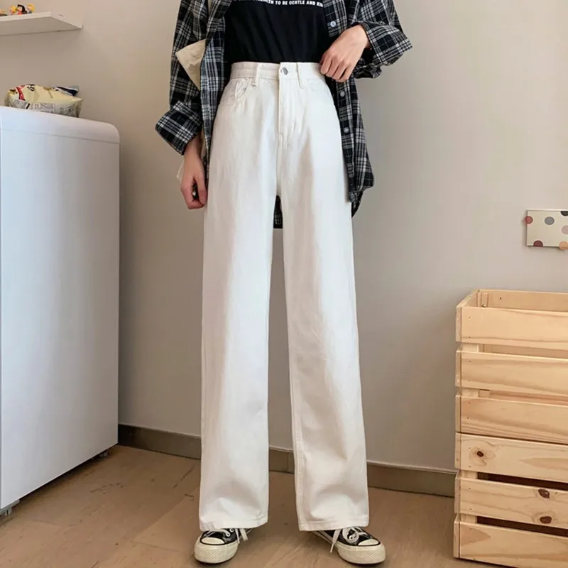

Women White Casual Jeans New Arrival 2022 Autumn Korean Style All-match Loose High Waist Female Wide Leg Denim Pants T012