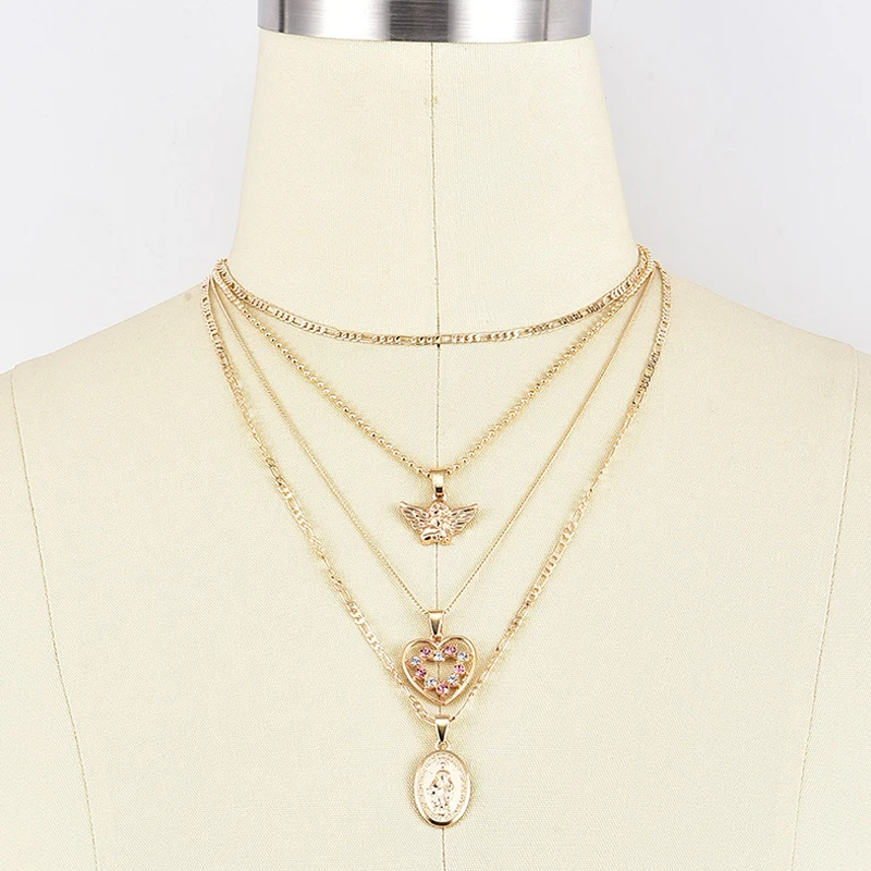 Модное ожерелье s Boho Ретро кристаллы в форме сердца медальон Дева Мария Крылья ангела золотое ожерелье женские очаровательные ювелирные аксессуары