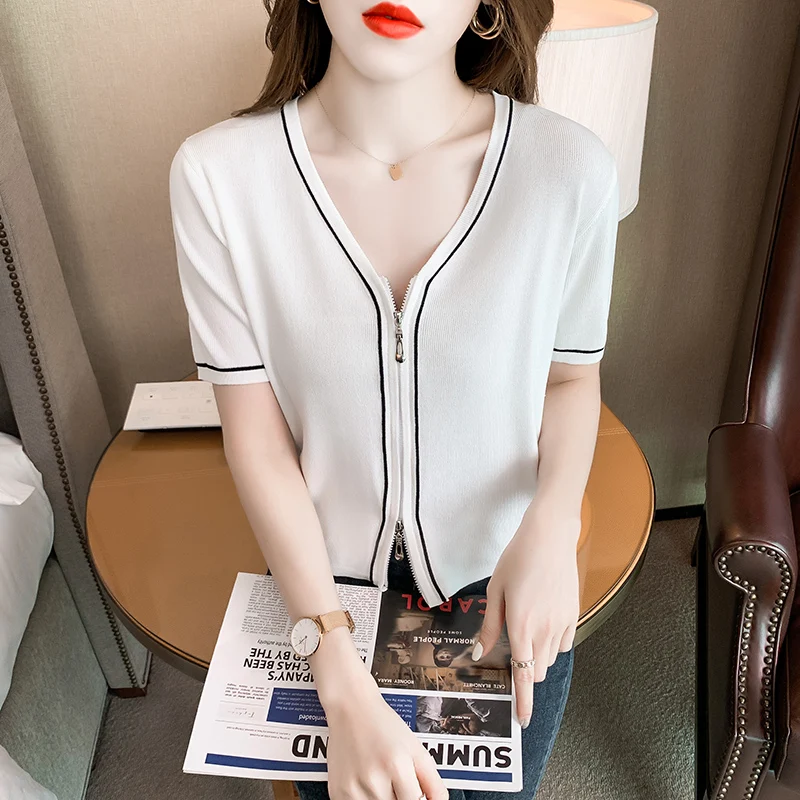 

Модный тонкий v-образный вырез тонкий Шелковый вязаный кардиган с коротким рукавом Футболка Топ Женская 2021 летняя модная женская одежда