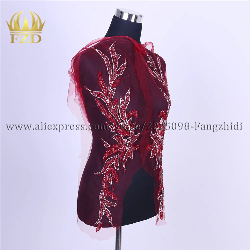 FZD 1 Pair Handmade Red Beaded Applique Silver Rhinestone Patches for Wedding Party Gown Dress DIY Bridal With Gauze | Дом и сад