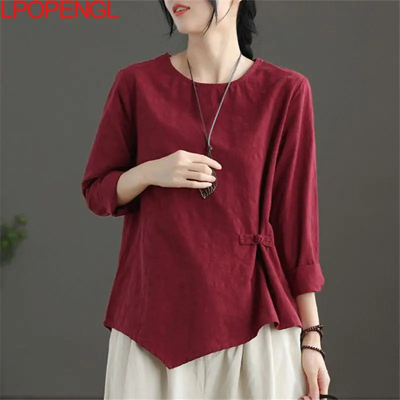 

Vintage Solid T-shirt Women's Cotton And Linen Disc Buckle Tshirt Jacquard Tops Asymmetrical Loose Spring Female Long Sleeve top