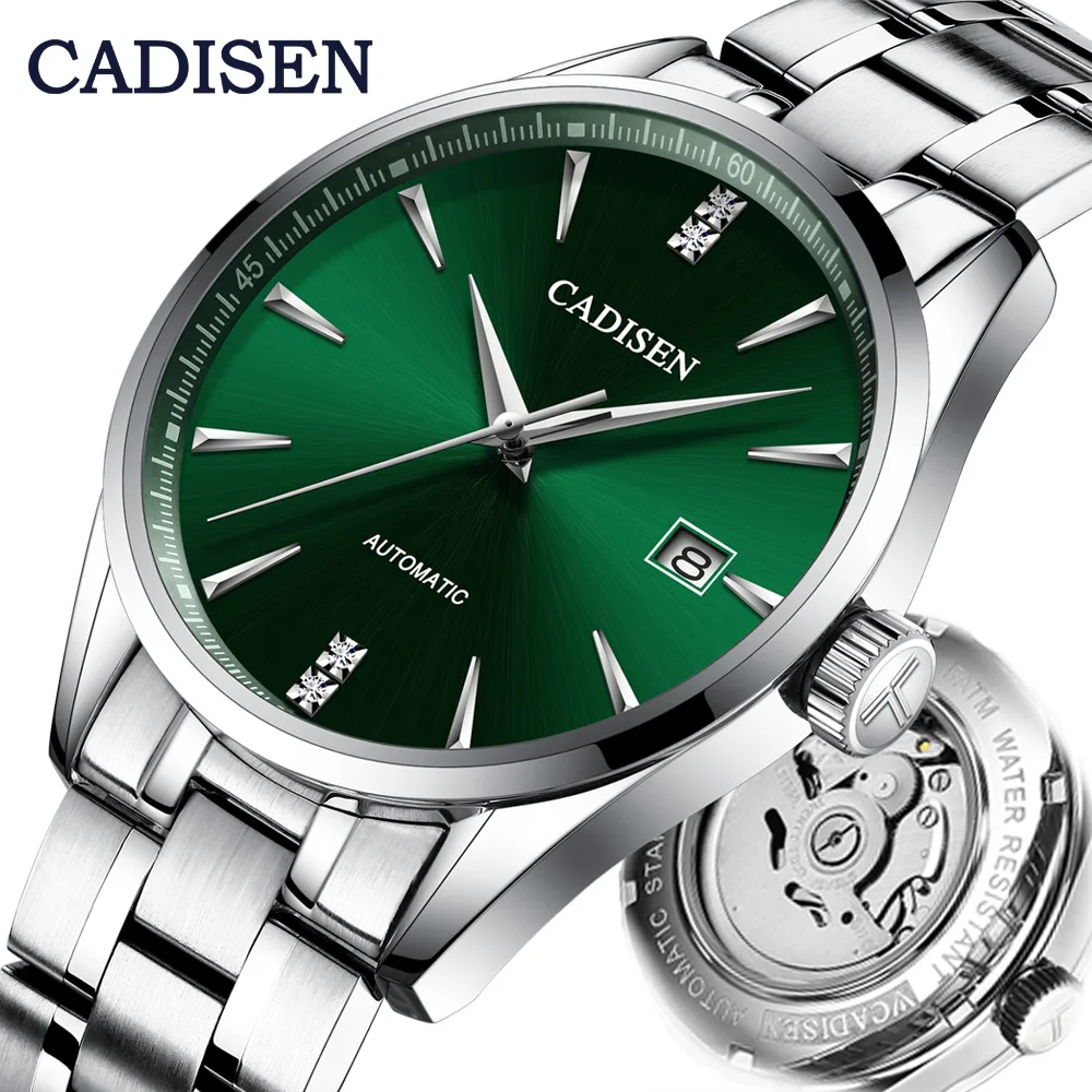 Green CADISEN автоматические механические мужские часы из нержавеющей стали Япония NH35A изогнутое стекло Бизнес Мода Досуг водонепроницаемые наручные часы - Цвет: Green
