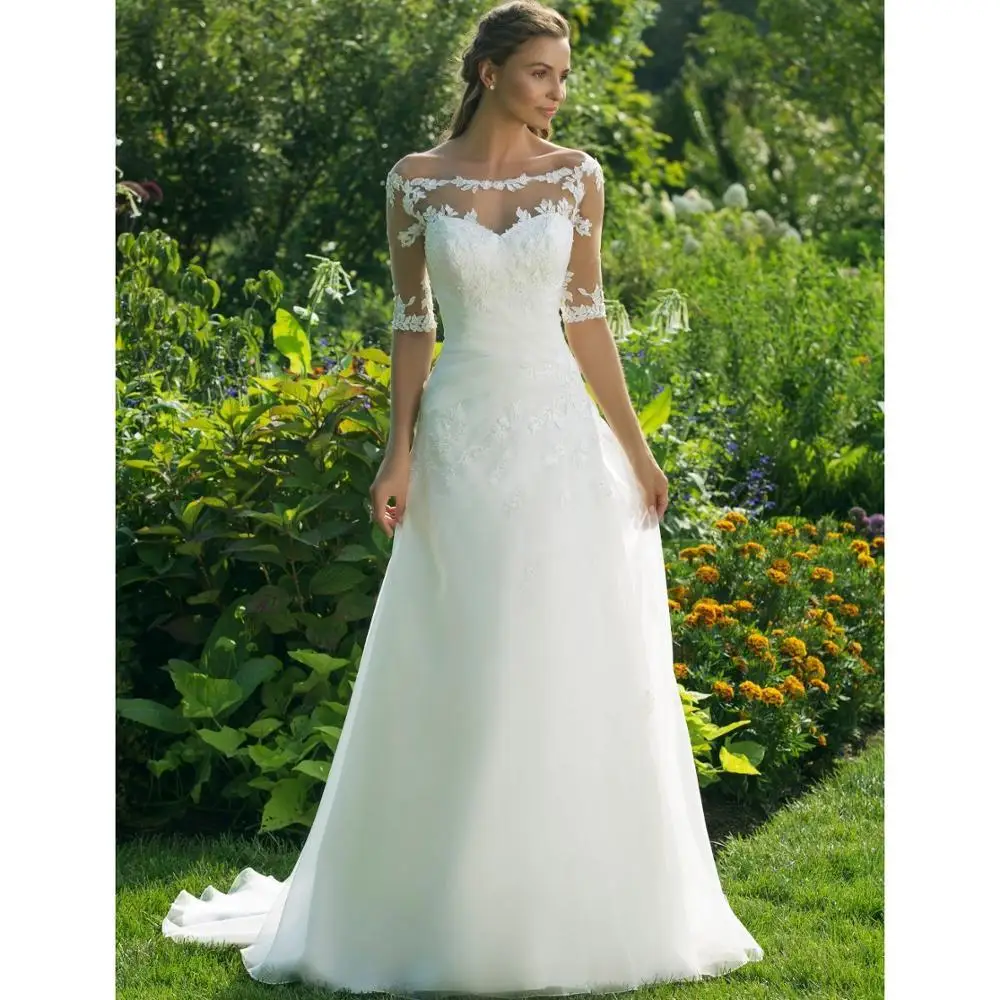 

2020 New Lace Wedding Dress Half Sleeve Off The Shoulder Appliqued Boat Neck A Line Floor Length Country Garden Formal Bridal