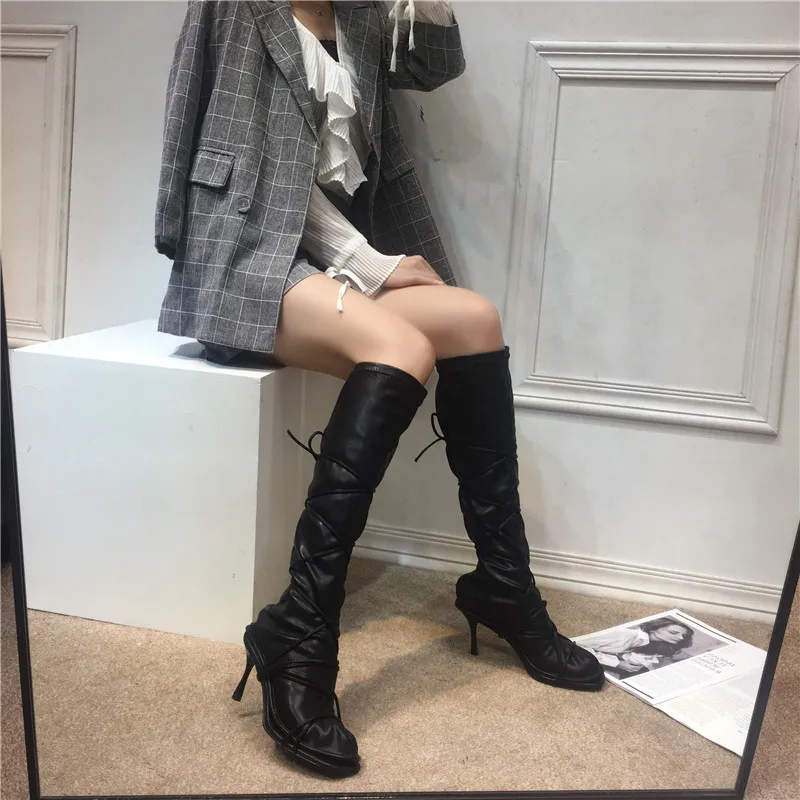 Online Sepatu Bot Setinggi Lutut Wanita Sepatu Hak Tinggi Stiletto Kulit Hitam Dengan Tali Renda Dua Cara Pemakaian M7