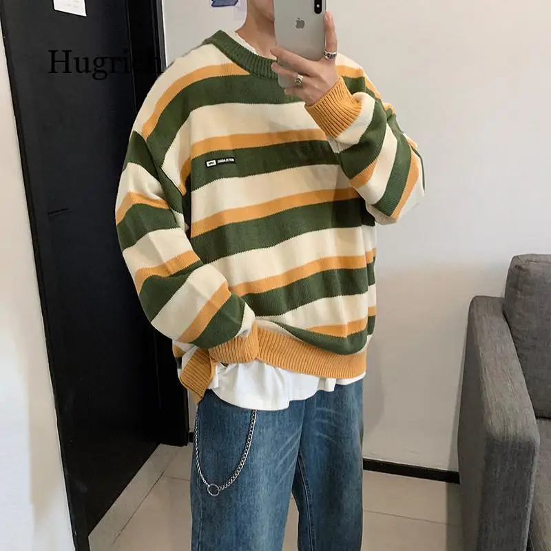 

2021 Pullover Striped Sweater Oversized Mens Knitted Men Sweaters Hip Hop Harajuku Korean Casual Black Sweater Men Clothing