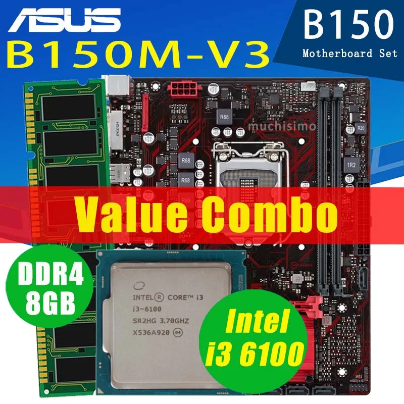 Asus EX-B150M-V3 с Intel Core i3 6100 8 Гб DDR4 материнская плата Combo B150 Gaming Placa-MOM Kit 1151 - купить по