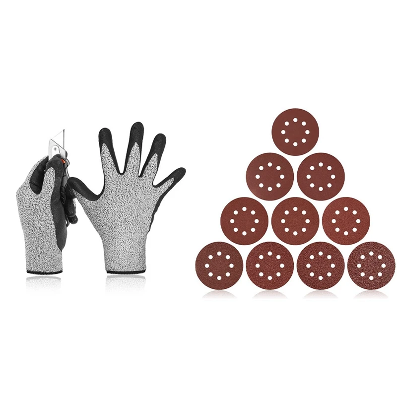 

1 Pair Level 5 Cut Resistant Gloves with 160PCS Sanding Discs, 5-Inch Hook and Loop Sandpaper Sand Paper