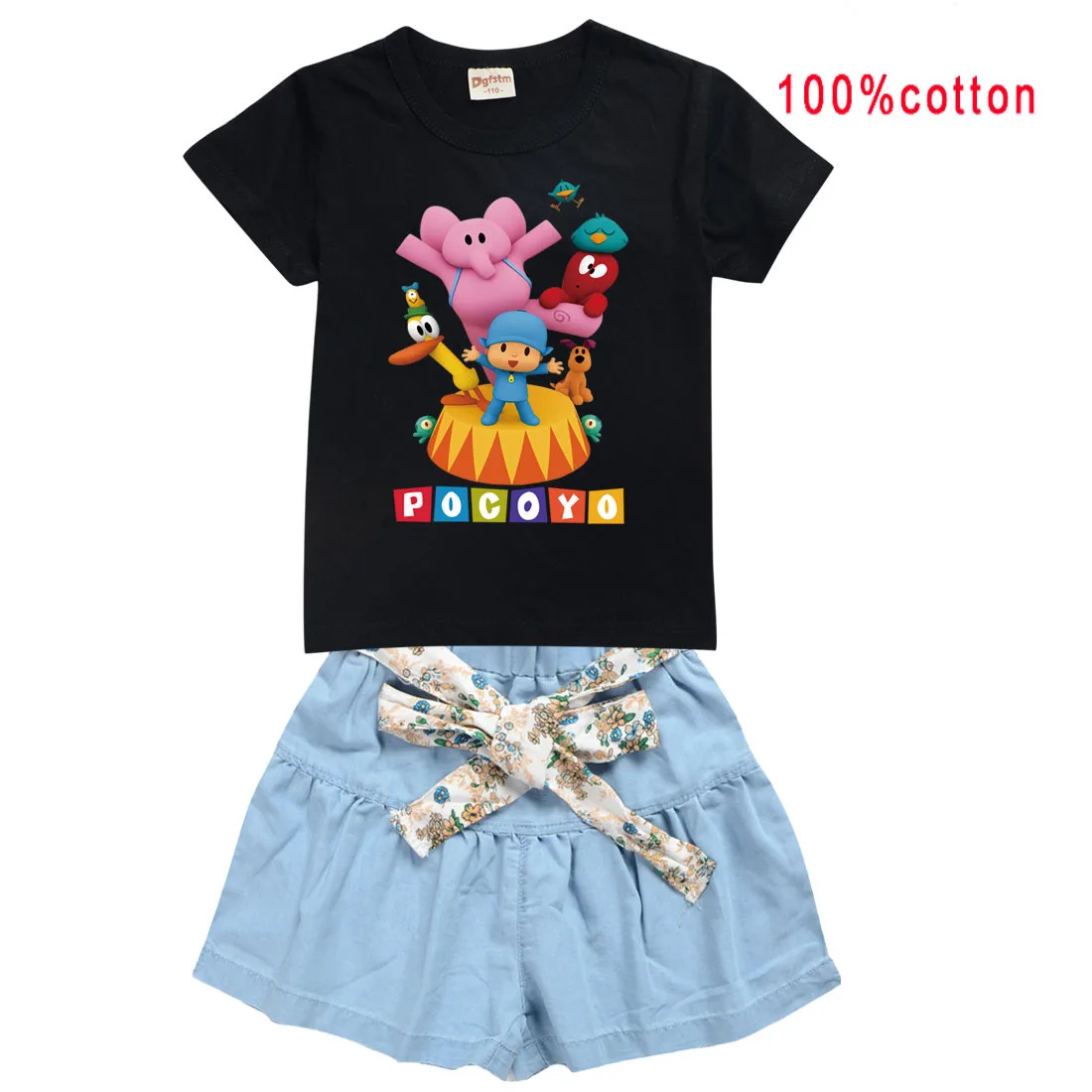 Модные Pocoyoe для маленькой девочки Комплекты одежды детей футболка Топы + пояс